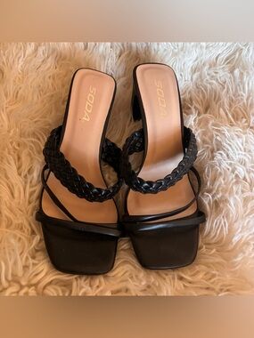 Soda Black Braided Strap Square Toe Heeled Sandals